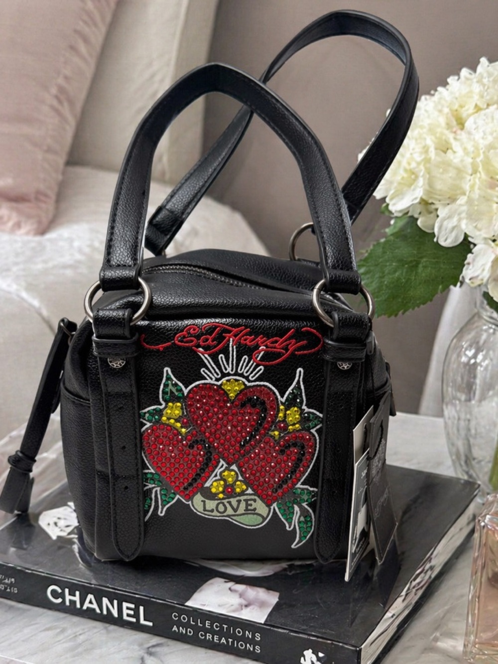 NWT Ed Hardy Rhinestone Heart Mini Bag Y2K Tattoo Purse Black